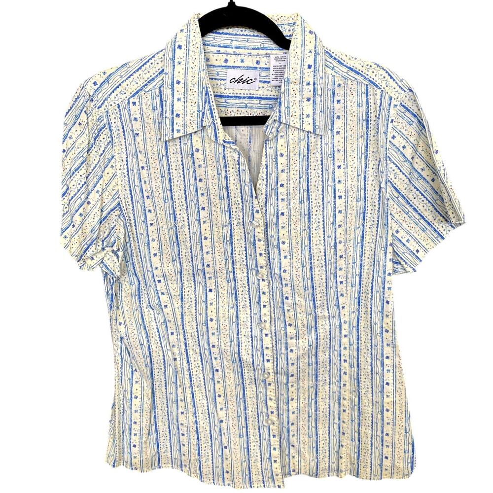 Chic VTG Ivory + Blue Floral Button Down Top Women's Large